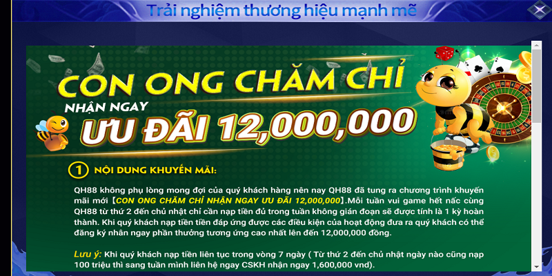 Khuyến mãi Qh88 - chương trình con ong chăm chỉ nhận ưu đãi lên đến 12 triệu đồng