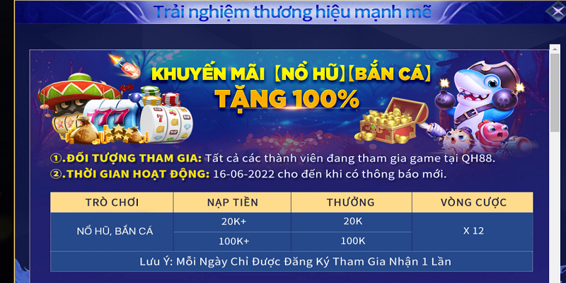 Khuyến mãi QH88 tặng 100%, thưởng lên đến 2 triệu cho mỗi người tham gia 